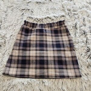 Southern Proper Plaid Mini‎ Skirt Tan Brown Black Pull On Casual Party Trendy